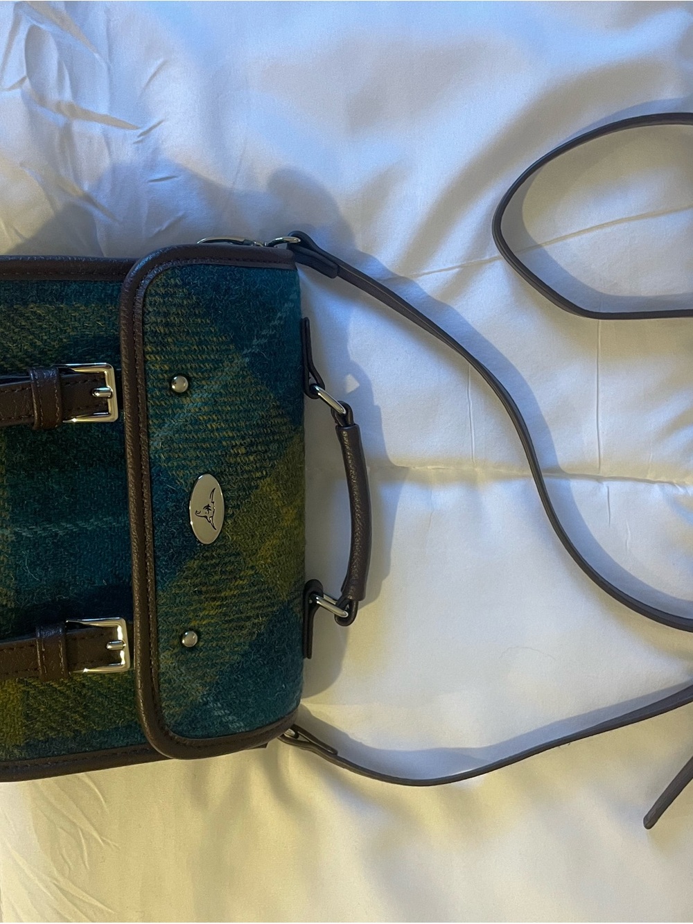Plaid Wool-Blend Messenger Bag in Teal and Olive with Brown Trim - Picture 4 of 6